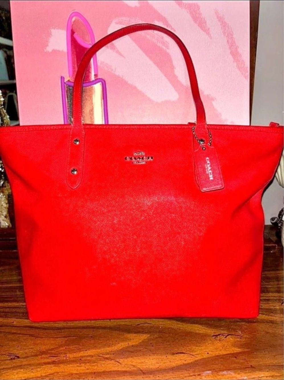 Coach Zip Top Tote Red Leather Bag